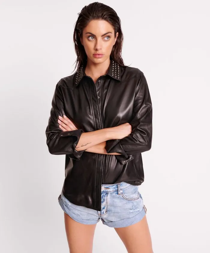 Women BLACK STUDDED WESTERN LEATHER SHACKET One Teaspoon Shirts