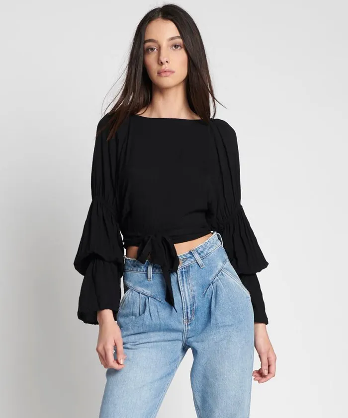 Women BLACK SUMMER NIGHTS CROP LONGSLEEVE TOP One Teaspoon Tops