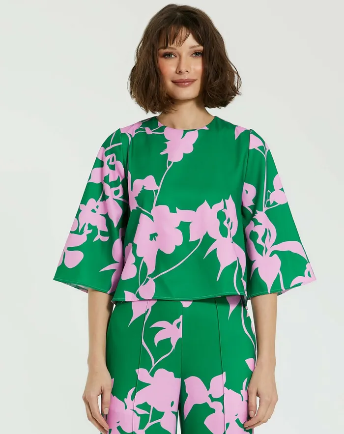 Women Blouses and Tops Mac Duggal Printed Crepe 34 Bell Sleeve High Neck Top 8211 FINAL SALE Green Multi Women Blouses and Tops Mac Duggal Printed Crepe 34 Bell Sleeve High Neck Top 8211 FINAL SALE Green Multi