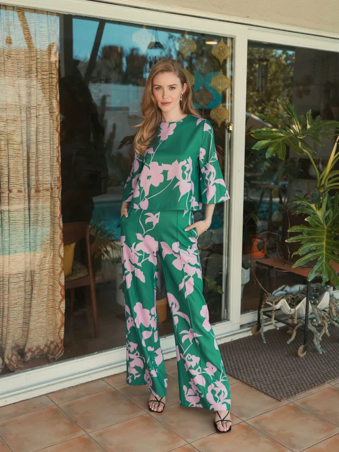 Women Blouses and Tops Mac Duggal Printed Crepe 34 Bell Sleeve High Neck Top 8211 FINAL SALE Green Multi