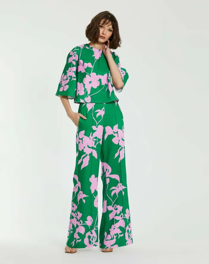 Women Blouses and Tops Mac Duggal Printed Crepe 34 Bell Sleeve High Neck Top 8211 FINAL SALE Green Multi
