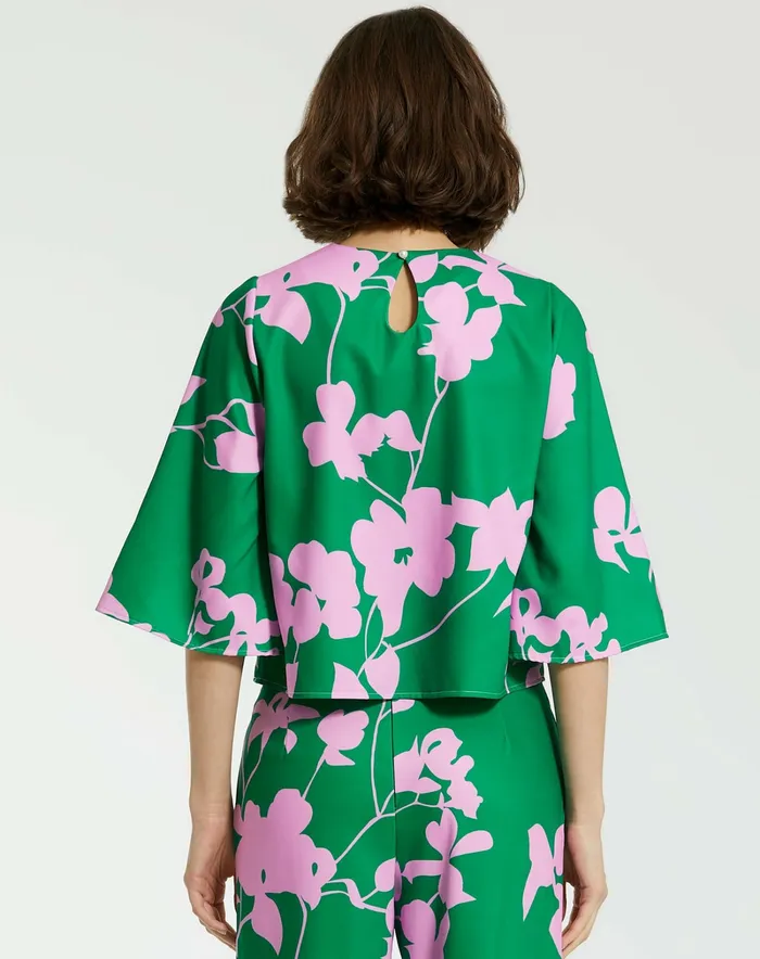 Women Blouses and Tops Mac Duggal Printed Crepe 34 Bell Sleeve High Neck Top 8211 FINAL SALE Green Multi