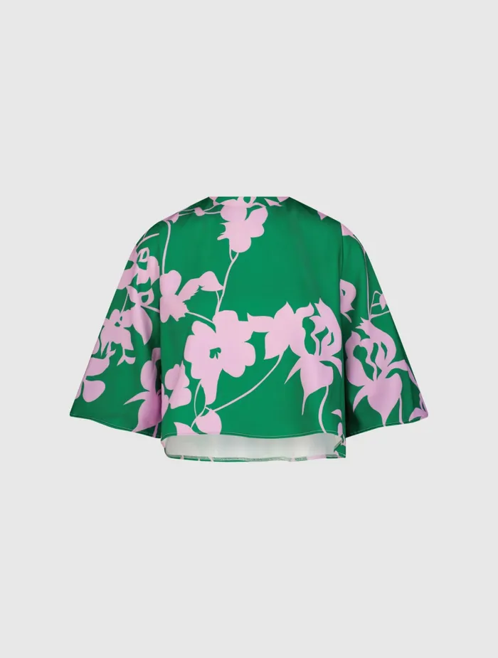 Women Blouses and Tops Mac Duggal Printed Crepe 34 Bell Sleeve High Neck Top 8211 FINAL SALE Green Multi
