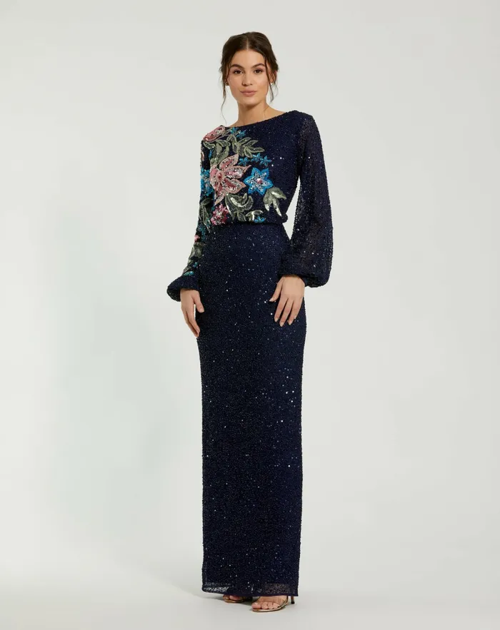 Women Blue Embellished Multi Color Floral High Neck Gown Midnight Best Sellers Mac Duggal