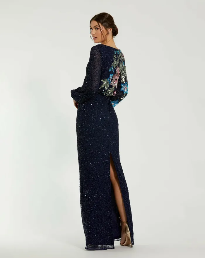 Women Blue Embellished Multi Color Floral High Neck Gown Midnight Best Sellers Mac Duggal