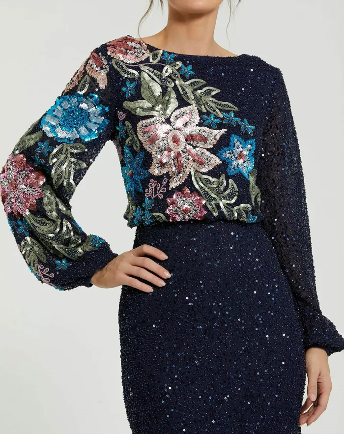 Women Blue Embellished Multi Color Floral High Neck Gown Midnight Best Sellers Mac Duggal