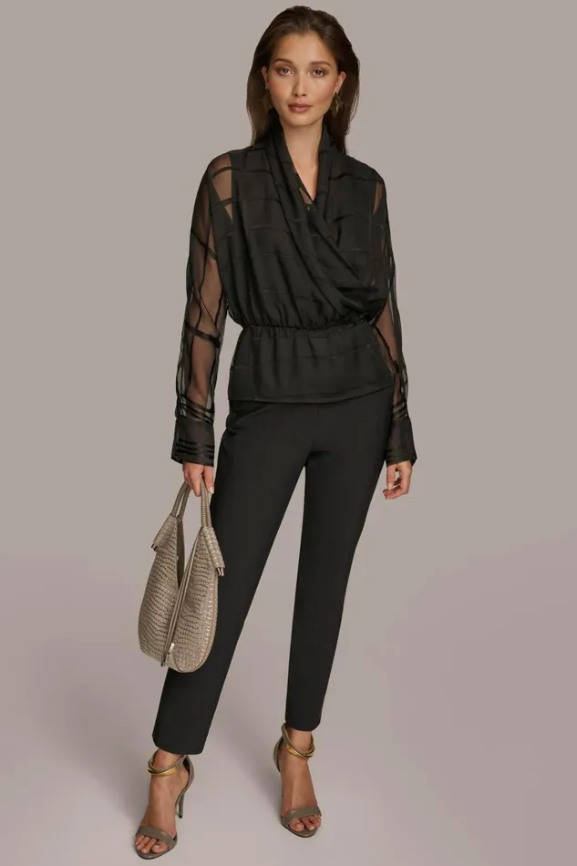 Women BURNOUT FAUX WRAP BLOUSE Black Donna Karan New York Sweaters And Tops Women BURNOUT FAUX WRAP BLOUSE Black Donna Karan New York Sweaters And Tops