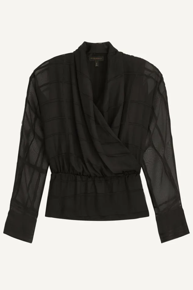 Women BURNOUT FAUX WRAP BLOUSE Black Donna Karan New York Sweaters And Tops Women BURNOUT FAUX WRAP BLOUSE Black Donna Karan New York Sweaters And Tops