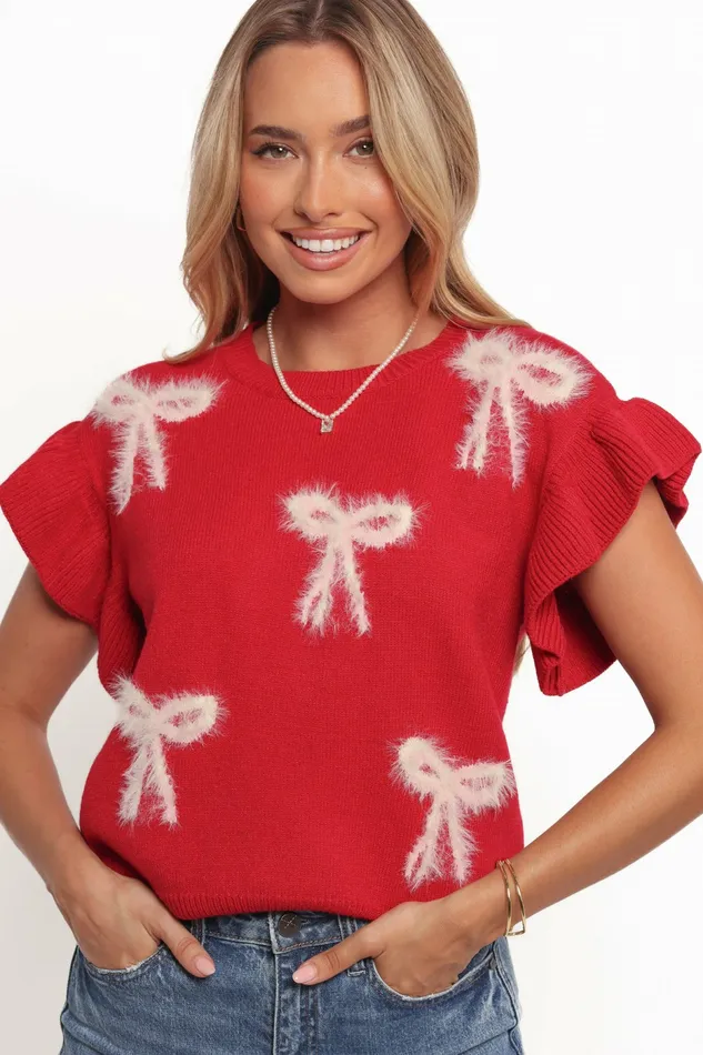 Women Cherish Ruffle Sleeve Bow Knit Sweater Red Sweaters Petal and Pup