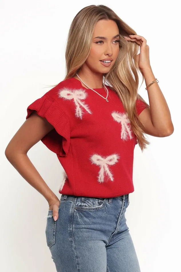 Women Cherish Ruffle Sleeve Bow Knit Sweater Red Sweaters Petal and Pup