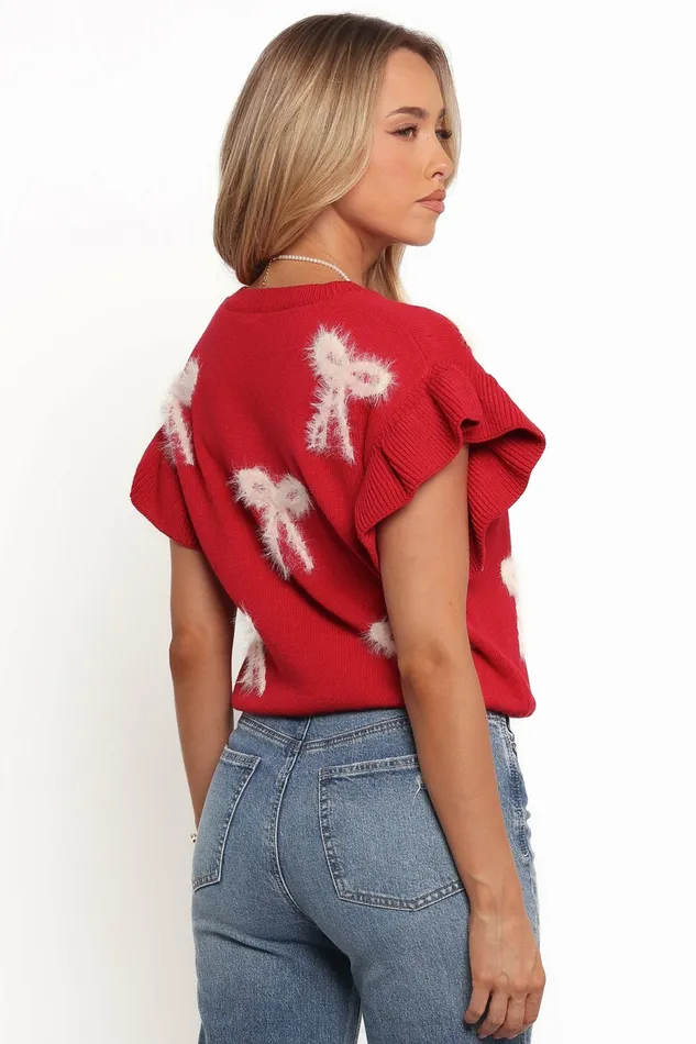 Women Cherish Ruffle Sleeve Bow Knit Sweater Red Sweaters Petal and Pup