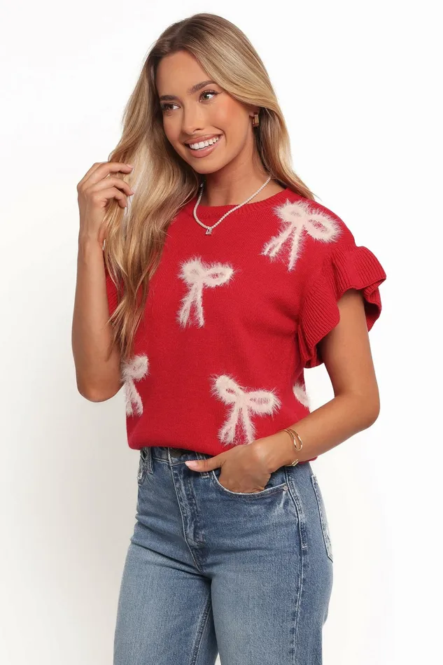 Women Cherish Ruffle Sleeve Bow Knit Sweater Red Sweaters Petal and Pup