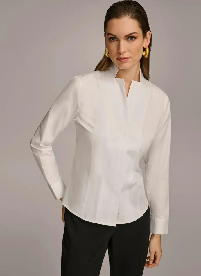 Women COTTON NOTCH COLLAR BUTTON DOWN White Donna Karan New York Sweaters And Tops
