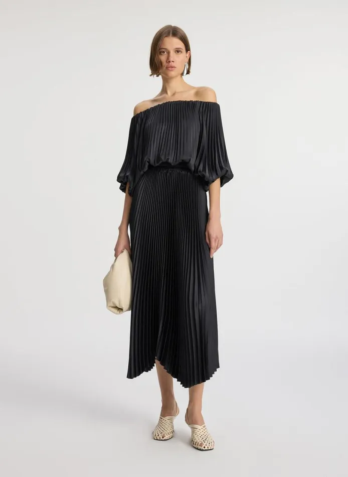 Women Dresses ALC Sienna Satin Pleated Off Shoulder Dress Black