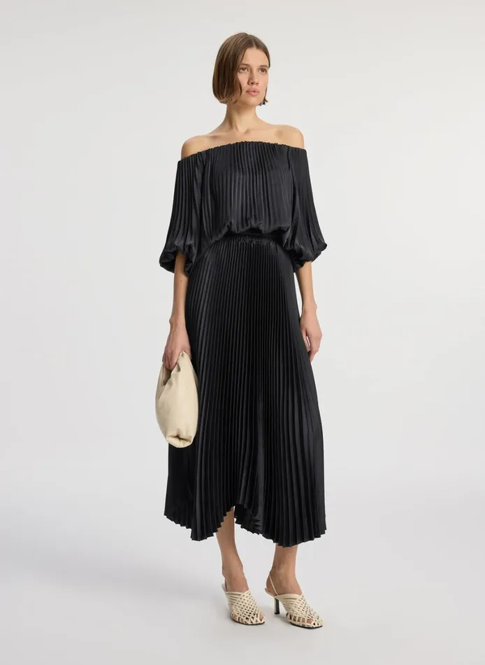 Women Dresses ALC Sienna Satin Pleated Off Shoulder Dress Black