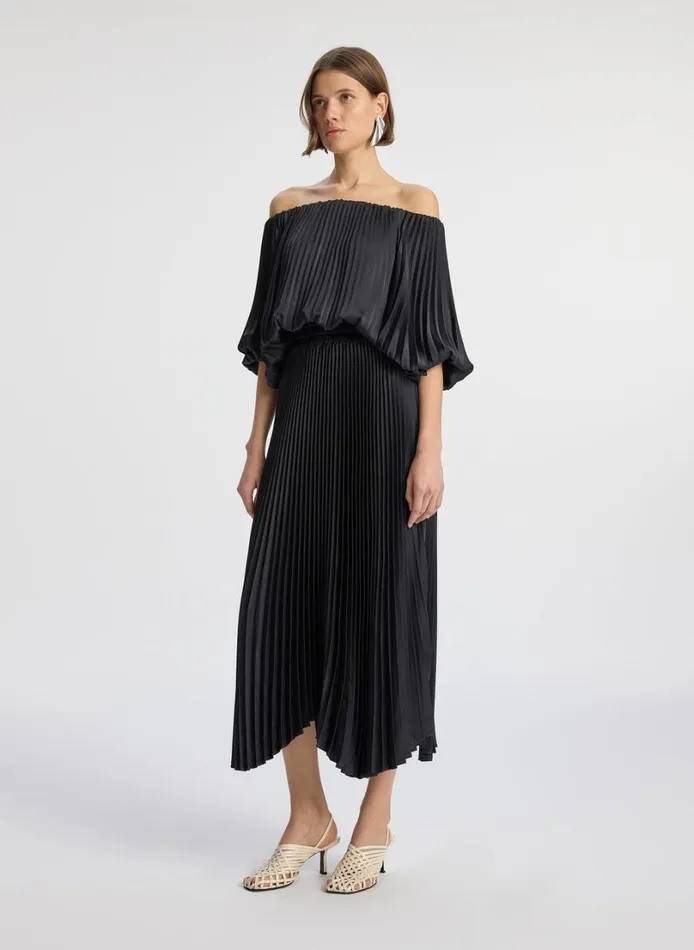 Women Dresses ALC Sienna Satin Pleated Off Shoulder Dress Black