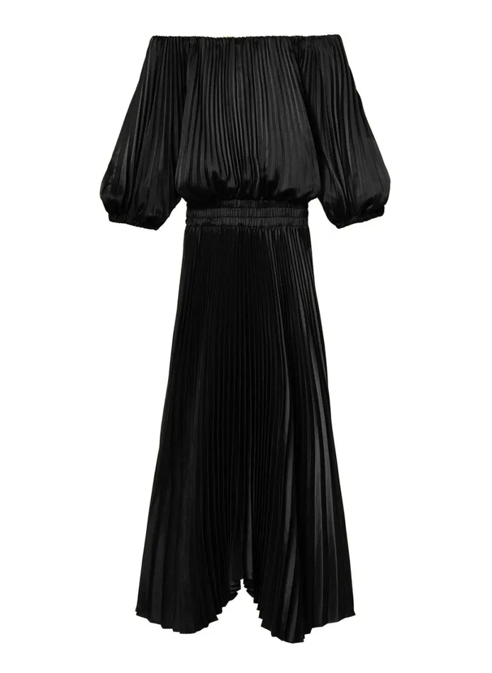 Women Dresses ALC Sienna Satin Pleated Off Shoulder Dress Black