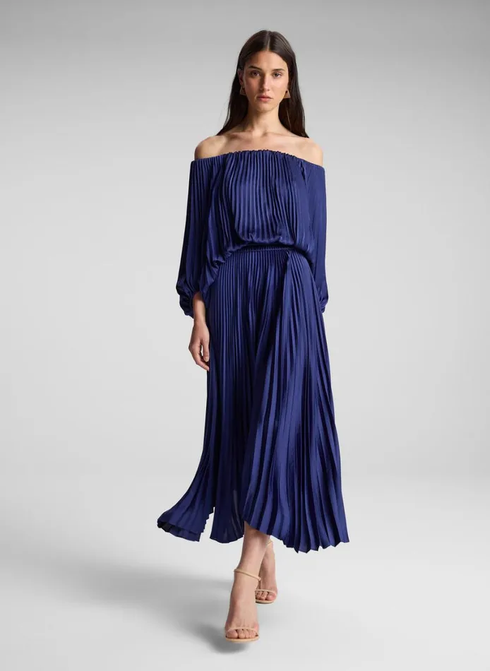 Women Dresses ALC Sienna Satin Pleated Off Shoulder Dress Riviera