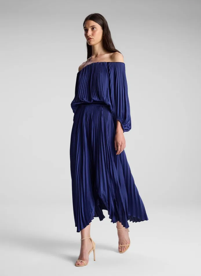 Women Dresses ALC Sienna Satin Pleated Off Shoulder Dress Riviera