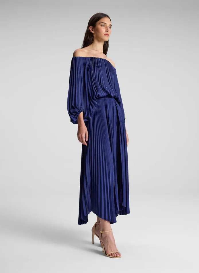 Women Dresses ALC Sienna Satin Pleated Off Shoulder Dress Riviera
