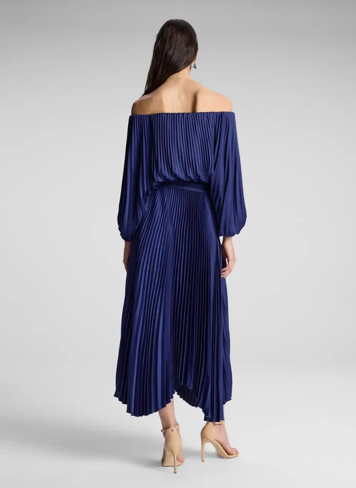 Women Dresses ALC Sienna Satin Pleated Off Shoulder Dress Riviera