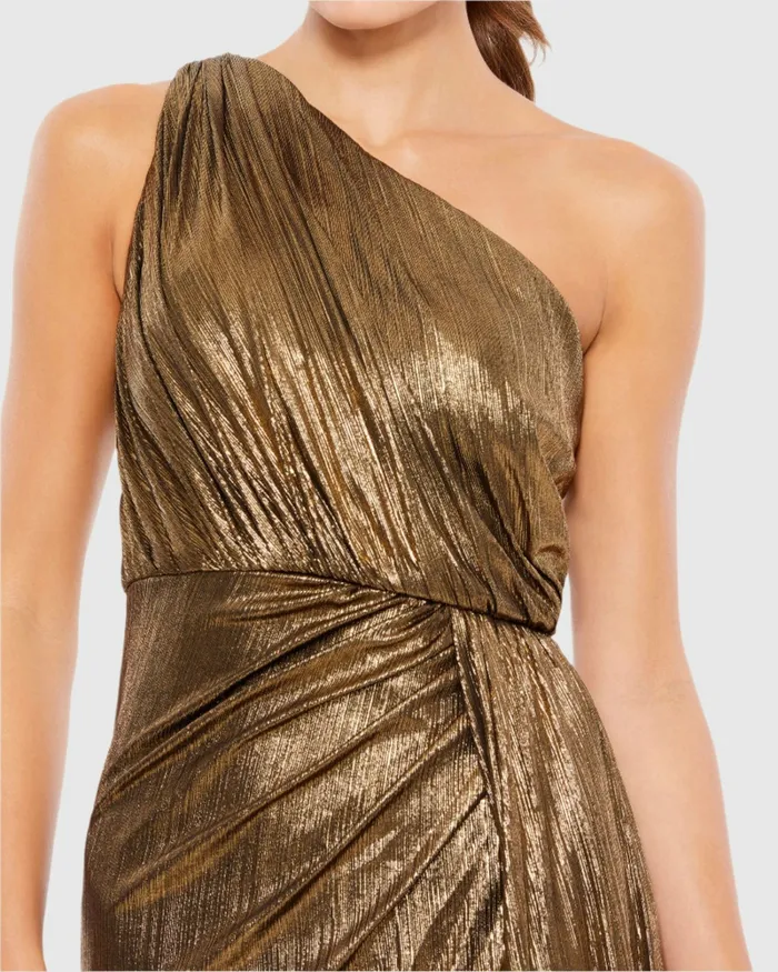 Women Evening Gowns Mac Duggal Gold One Shoulder Draped Gown Antique Gold