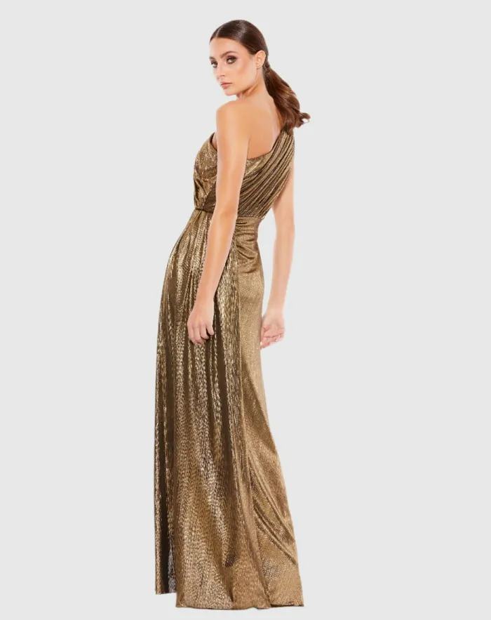 Women Evening Gowns Mac Duggal Gold One Shoulder Draped Gown Antique Gold