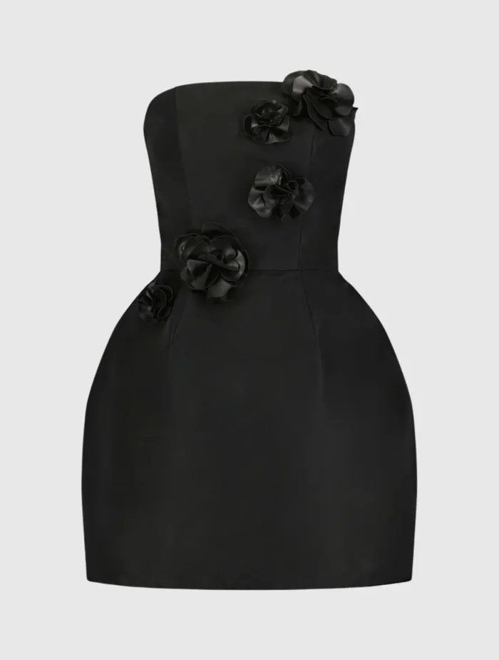 Women Faille Strapless Mini Dress With 3D Flower Details Black Every Day Dresses Mac Duggal