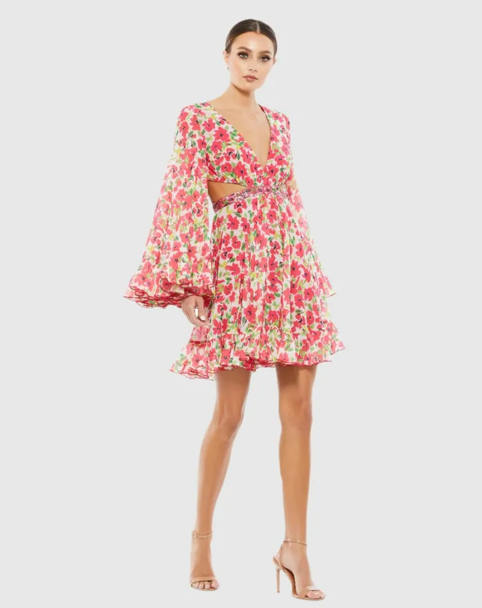 Women Floral Cut Out V Neck Bell Sleeve Mini Dress Pink Multi Daytime Dresses Mac Duggal Women Floral Cut Out V Neck Bell Sleeve Mini Dress Pink Multi Daytime Dresses Mac Duggal