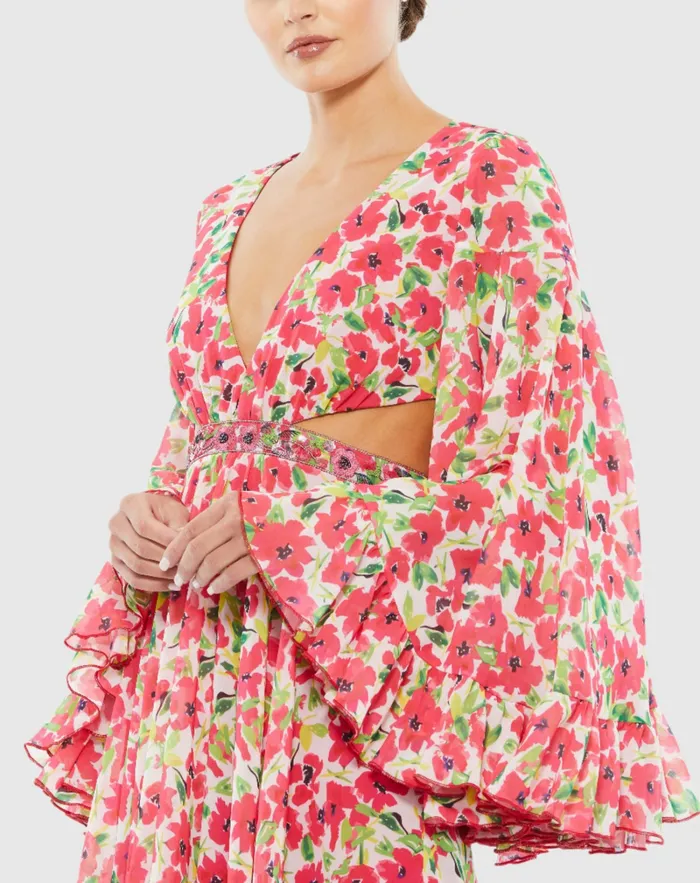 Women Floral Cut Out V Neck Bell Sleeve Mini Dress Pink Multi Daytime Dresses Mac Duggal Women Floral Cut Out V Neck Bell Sleeve Mini Dress Pink Multi Daytime Dresses Mac Duggal