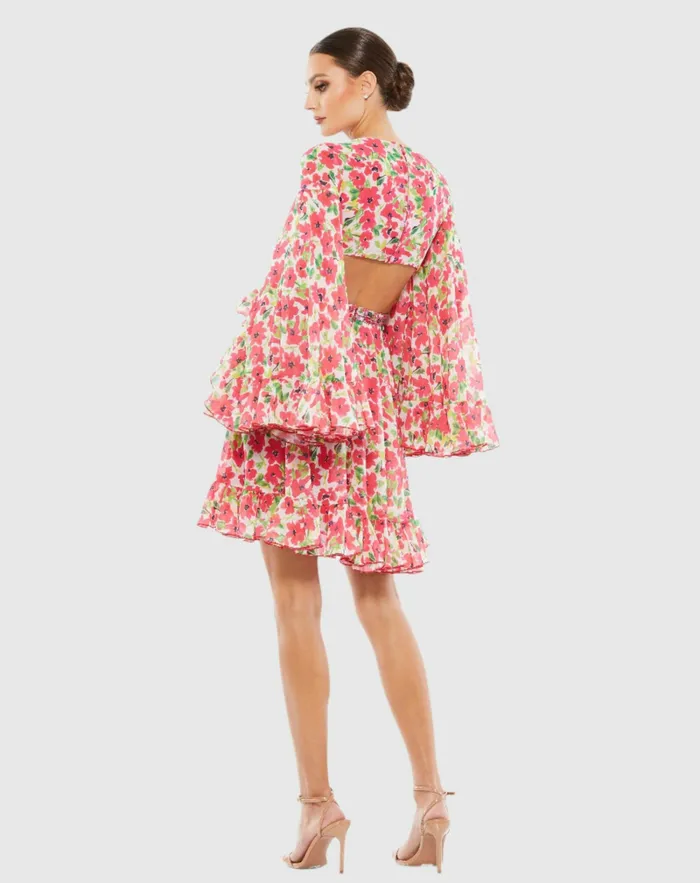Women Floral Cut Out V Neck Bell Sleeve Mini Dress Pink Multi Daytime Dresses Mac Duggal Women Floral Cut Out V Neck Bell Sleeve Mini Dress Pink Multi Daytime Dresses Mac Duggal