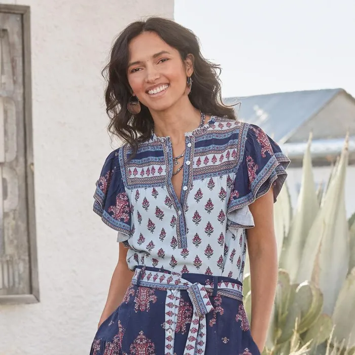 Women Folklore Ruffle Shirt Petite Navy Sundance Catalog Petite Styles
