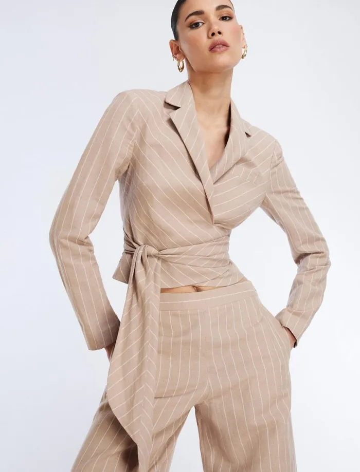 Women FrontTie Jacket Khakiwhite BCBG Suiting