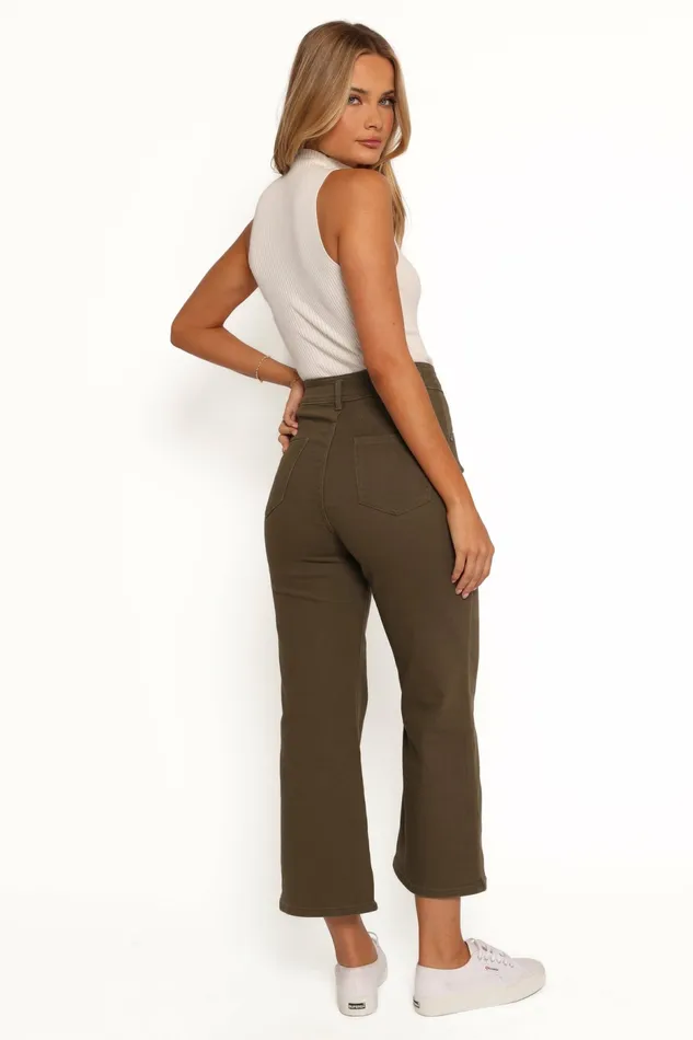 Women Georgette High Waisted Straight Leg Pants Olive Denim Petal and Pup