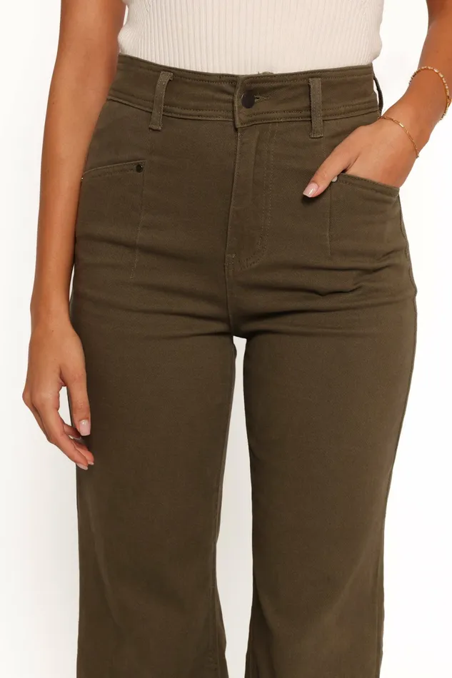 Women Georgette High Waisted Straight Leg Pants Olive Denim Petal and Pup