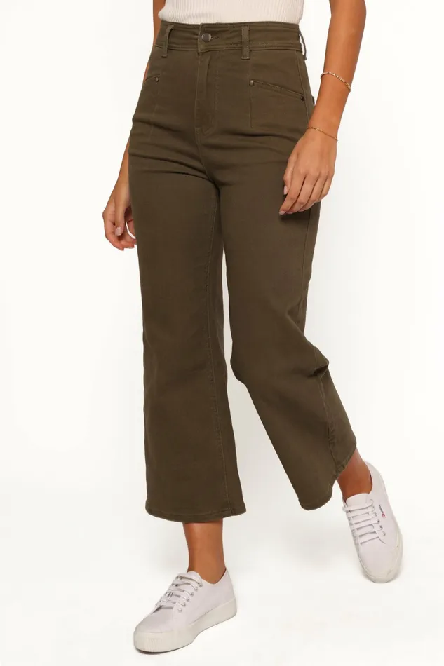 Women Georgette High Waisted Straight Leg Pants Olive Denim Petal and Pup
