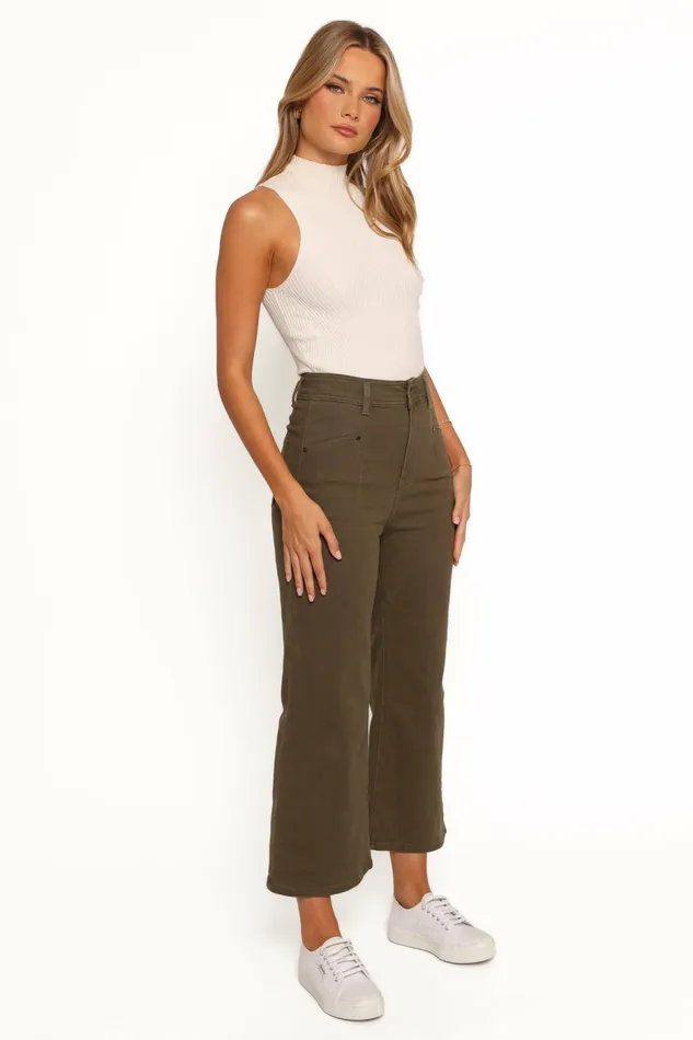 Women Georgette High Waisted Straight Leg Pants Olive Denim Petal and Pup
