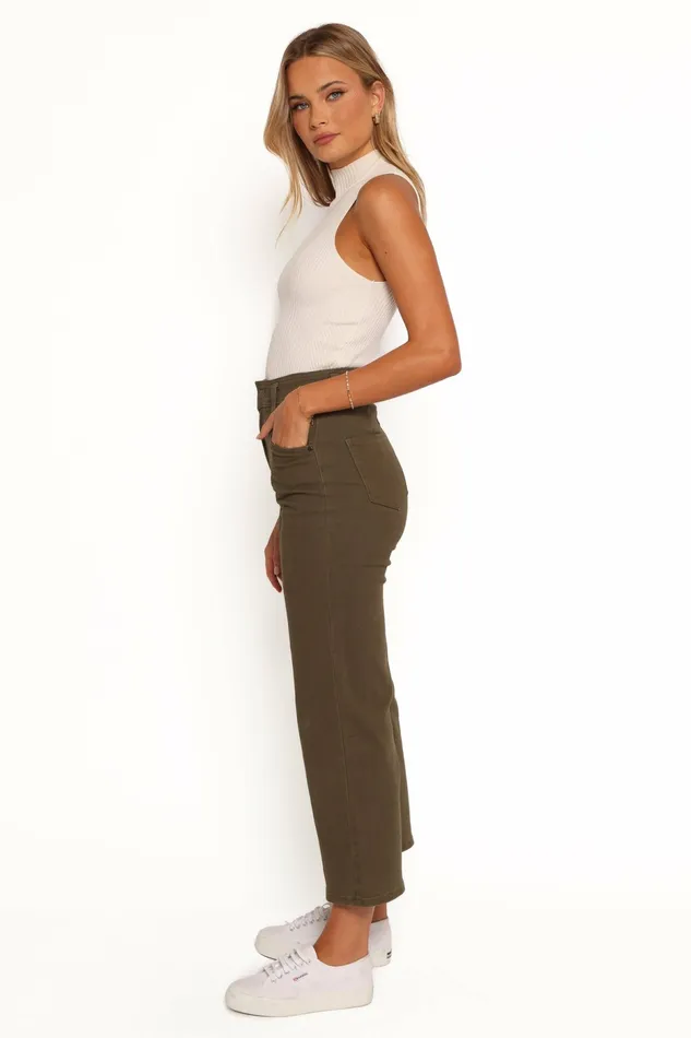 Women Georgette High Waisted Straight Leg Pants Olive Denim Petal and Pup