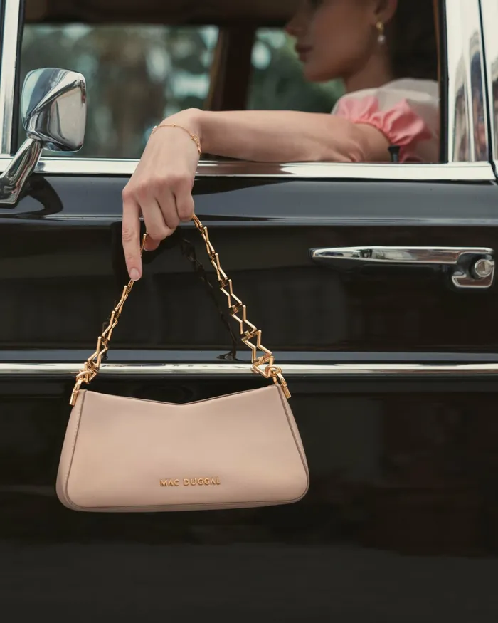 Women Gold Strap Small Taupe Nappa Leather Shoulder Bag 8211 FINAL SALE Taupe Shoulder Bags Mac Duggal