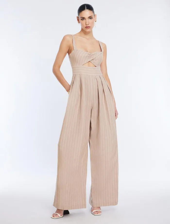 Women Hadie Linen Keyhole Jumpsuit Khakiwhite BCBG Jumpsuits and Rompers