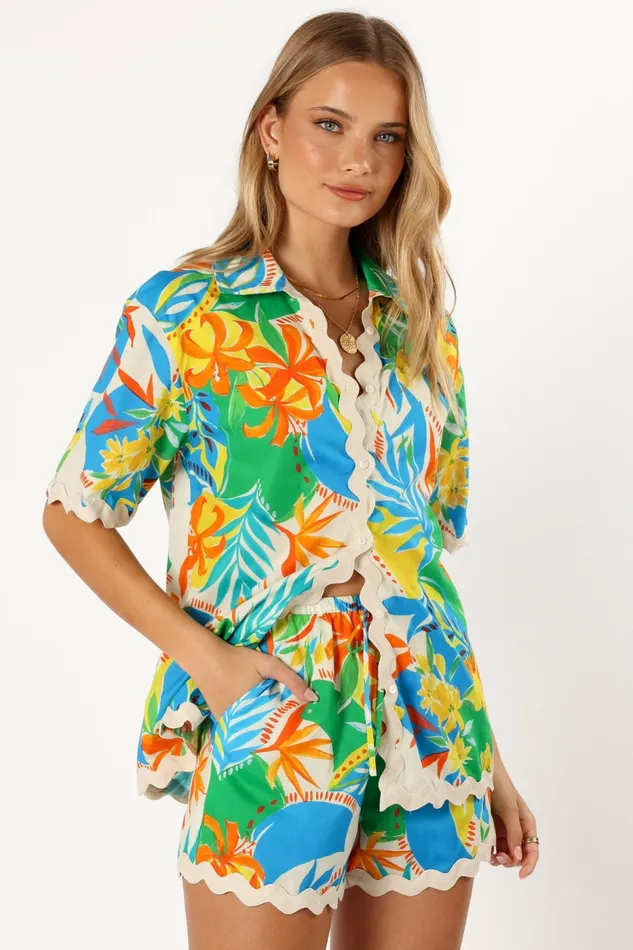 Women Harriet Button Down Top Malta Print Matching Sets Petal and Pup