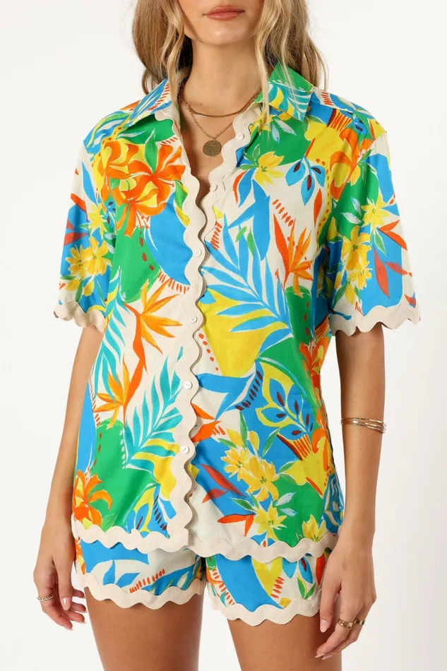 Women Harriet Button Down Top Malta Print Matching Sets Petal and Pup