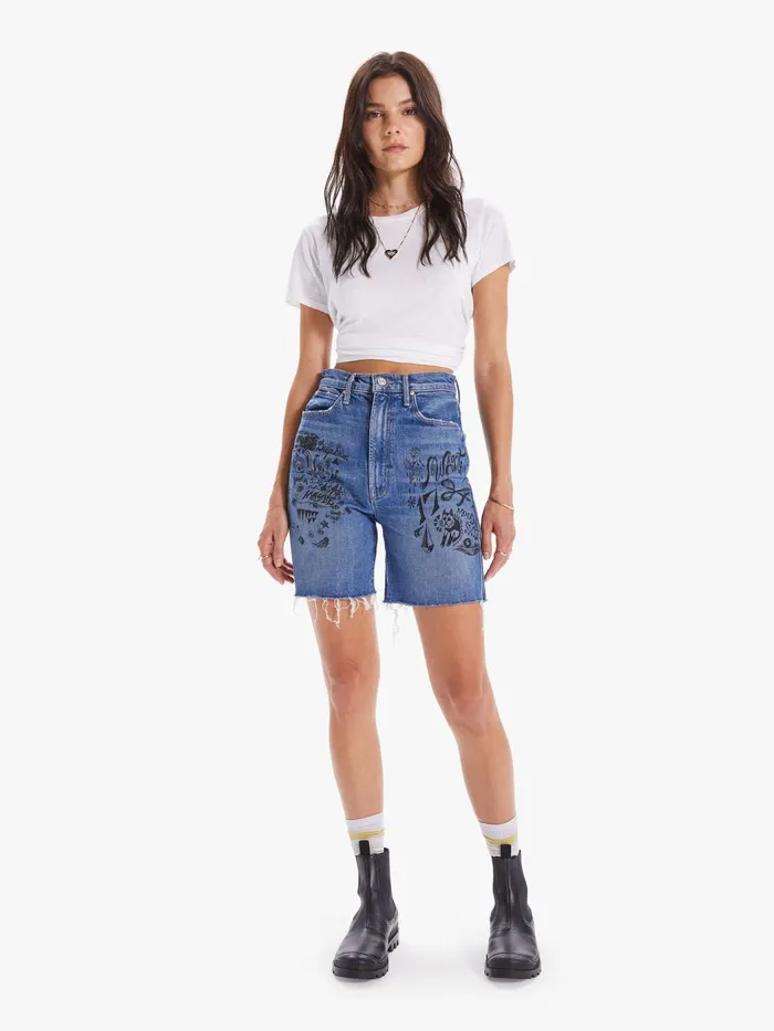 Women High Rise Mother Denim High Waisted Smokin039 Short Fray Blue