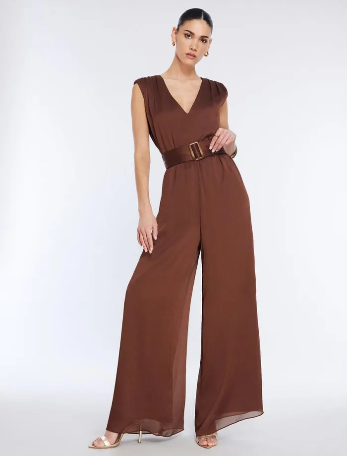 Women Imogen Belted Jumpsuit Chocolate BCBG Jumpsuits and Rompers