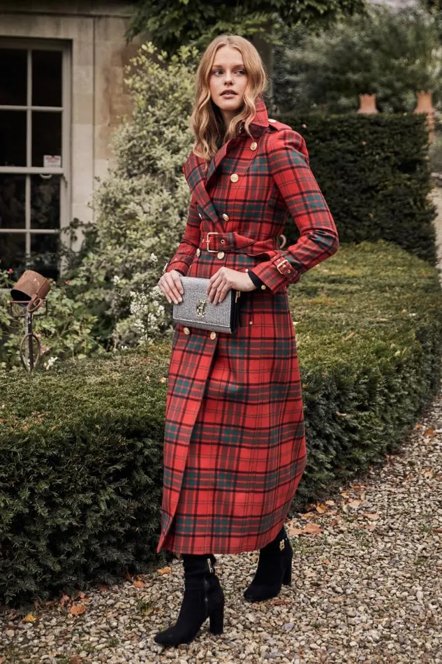 Women In Stock Tailoring Holland Cooper Full Length Marlborough Trench Coat Red Tartan