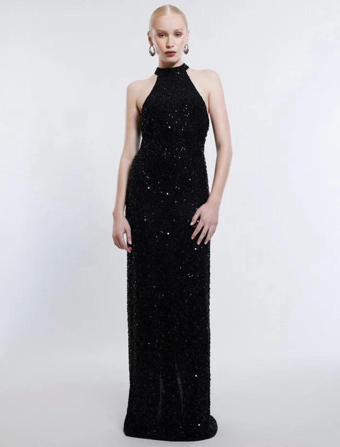Women Jules Beaded SemiSheer Halter Gown Black BCBG Dresses Women Jules Beaded SemiSheer Halter Gown Black BCBG Dresses