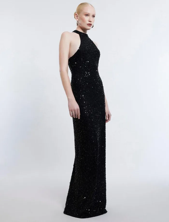 Women Jules Beaded SemiSheer Halter Gown Black BCBG Dresses Women Jules Beaded SemiSheer Halter Gown Black BCBG Dresses