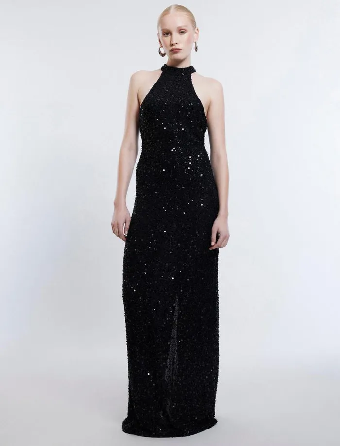Women Jules Beaded SemiSheer Halter Gown Black BCBG Dresses Women Jules Beaded SemiSheer Halter Gown Black BCBG Dresses