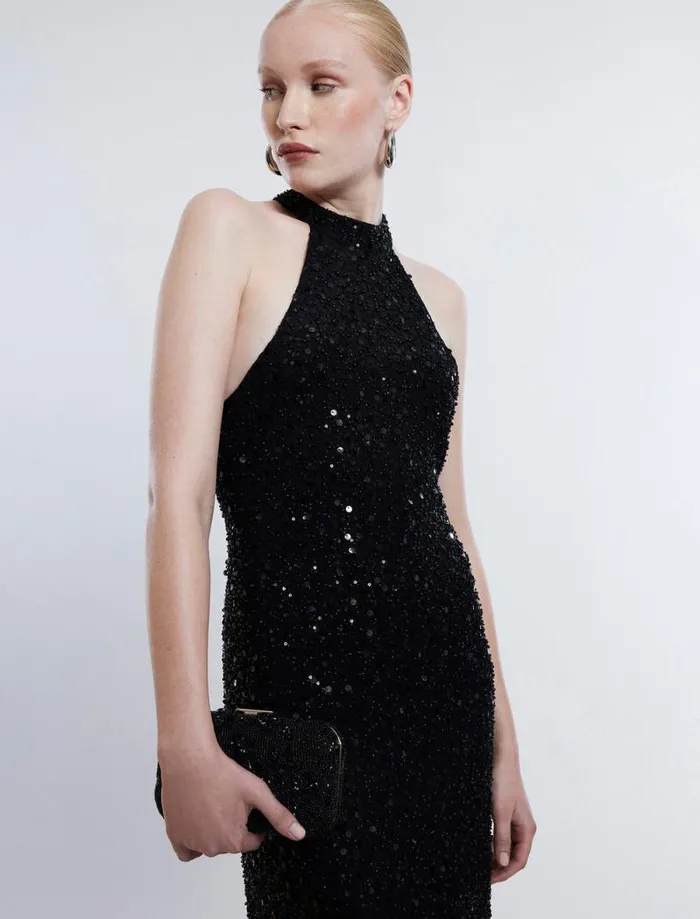 Women Jules Beaded SemiSheer Halter Gown Black BCBG Dresses Women Jules Beaded SemiSheer Halter Gown Black BCBG Dresses