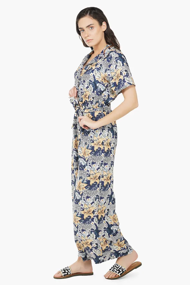 Women Jumpsuits America and Beyond Cheerful Cheetah 8211 Navy Leopard Jumpsuit With Pockets